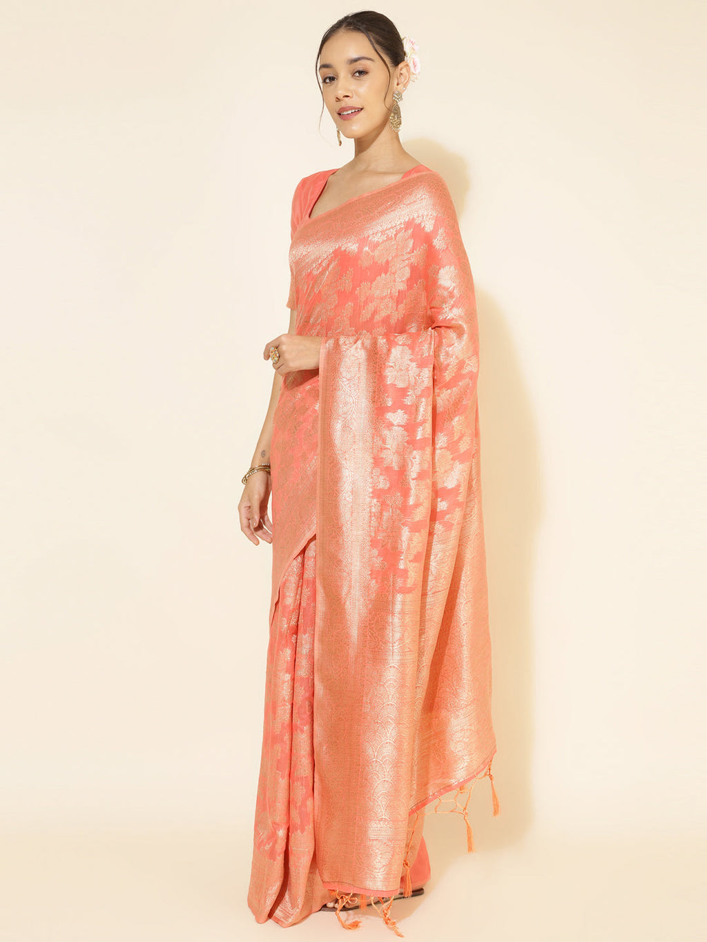 Janasya Peach Chanderi Silk Floral Woven Design Saree | Grocsy