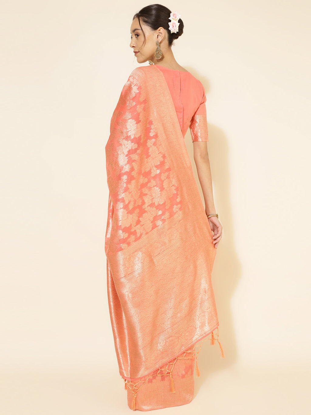 Janasya Peach Chanderi Silk Floral Woven Design Saree | Grocsy