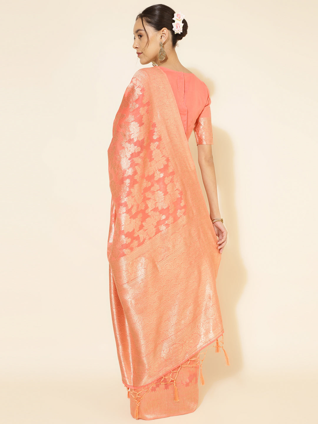 Janasya Peach Chanderi Silk Floral Woven Design Saree | Grocsy