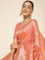 Janasya Peach Chanderi Silk Floral Woven Design Saree | Grocsy