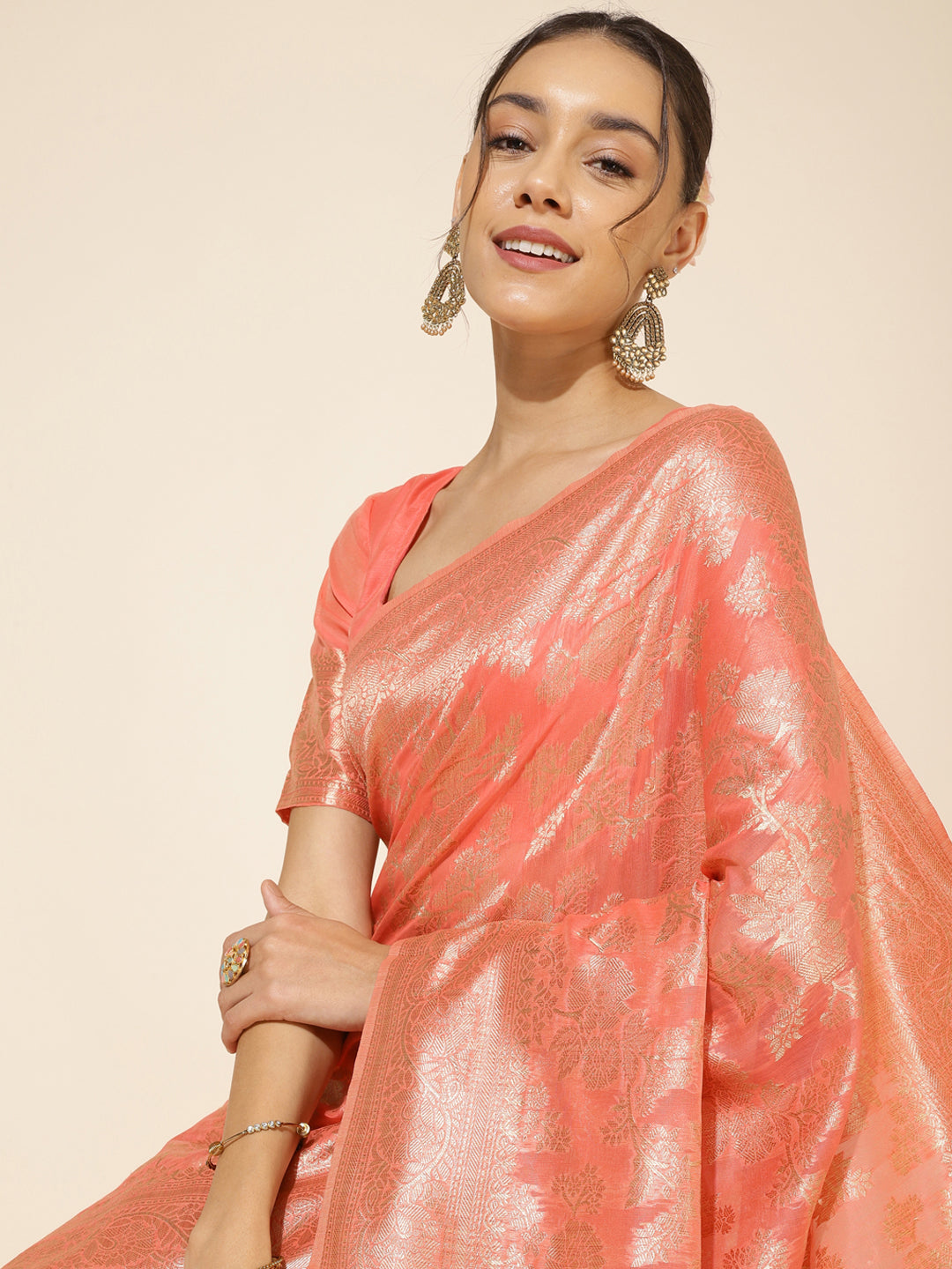 Janasya Peach Chanderi Silk Floral Woven Design Saree | Grocsy