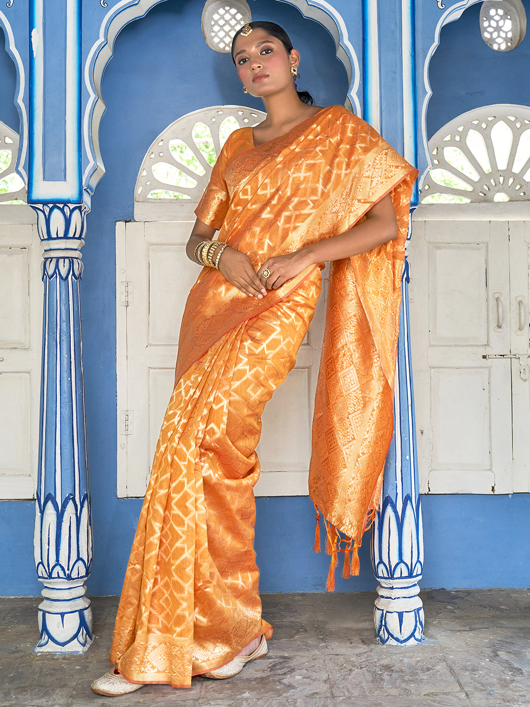 Janasya Yellow Chanderi Silk Woven Geometric Chanderi Silk Saree | Grocsy