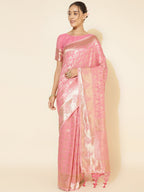 Janasya Light Pink Chanderi Silk Floral Woven Design Saree | Grocsy