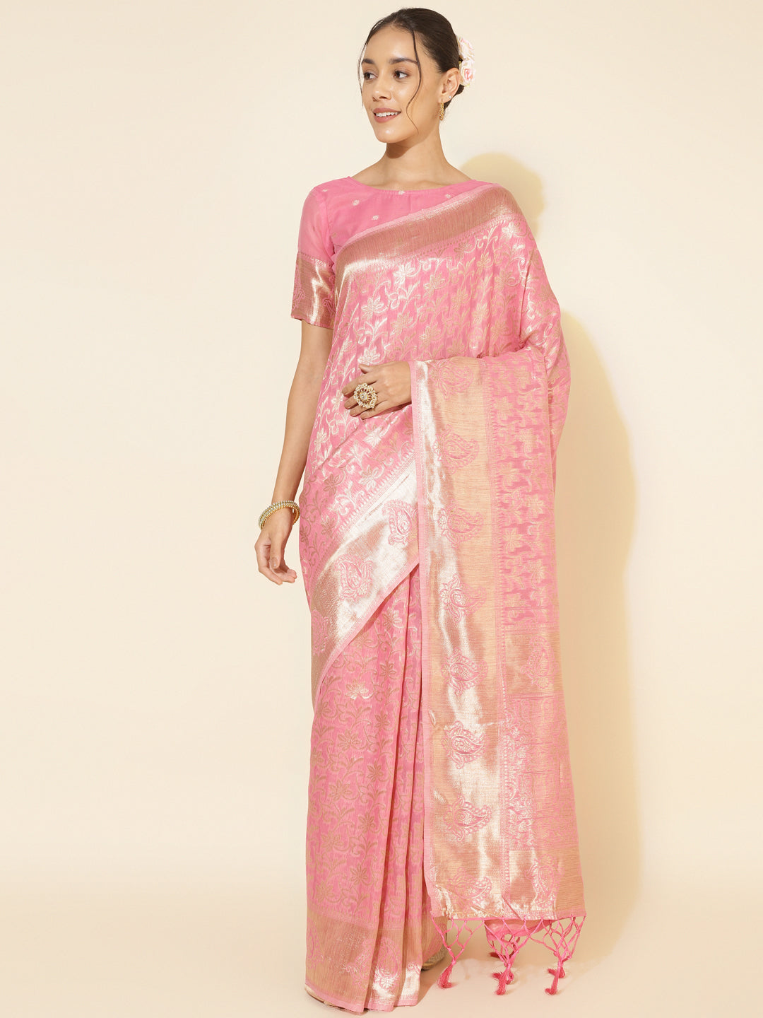 Janasya Light Pink Chanderi Silk Floral Woven Design Saree | Grocsy