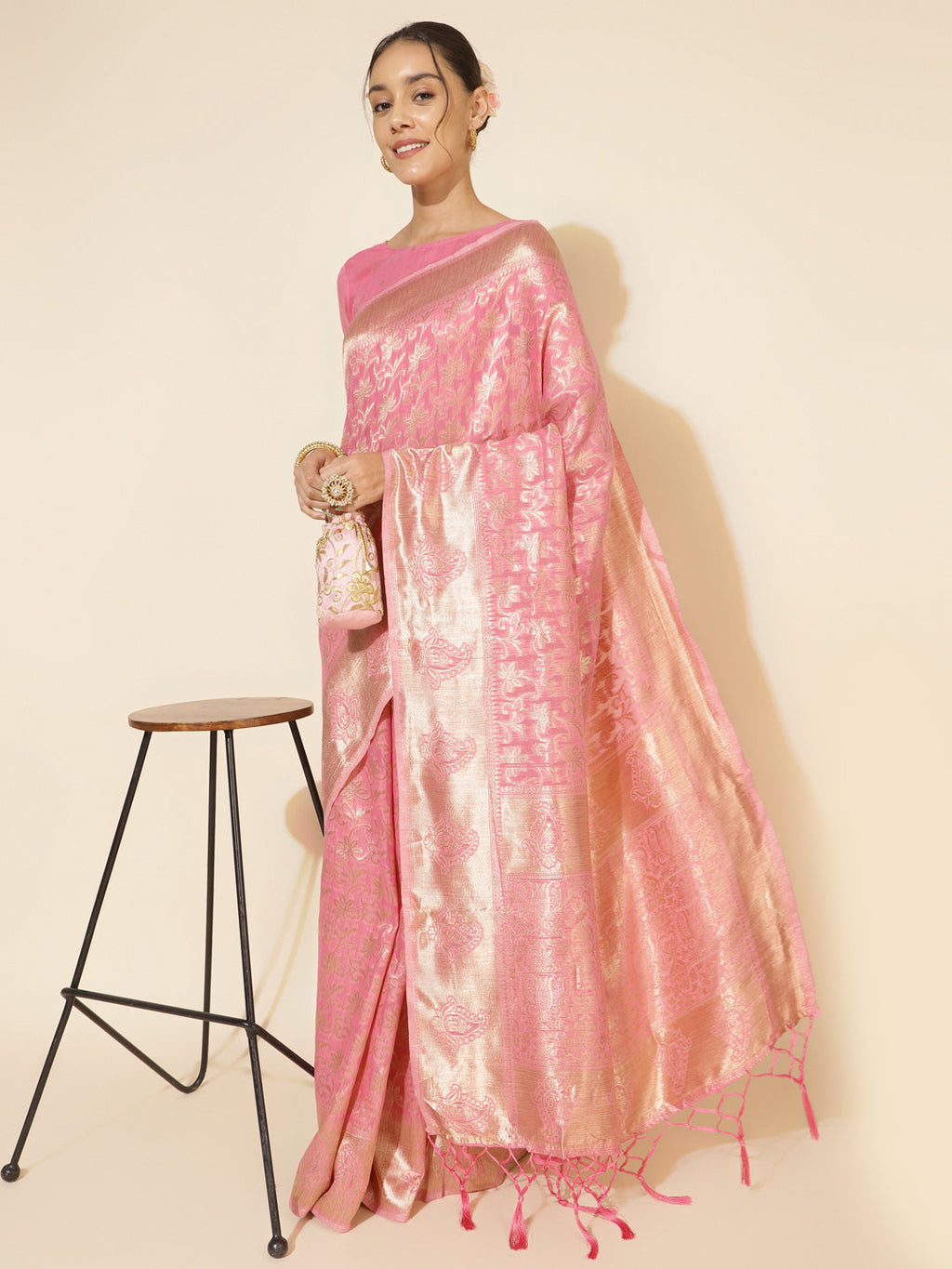 Janasya Light Pink Chanderi Silk Floral Woven Design Saree | Grocsy