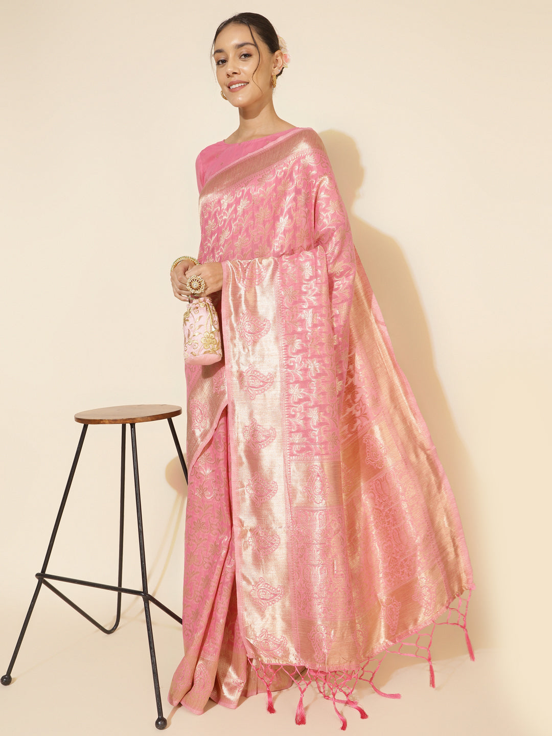 Janasya Light Pink Chanderi Silk Floral Woven Design Saree | Grocsy