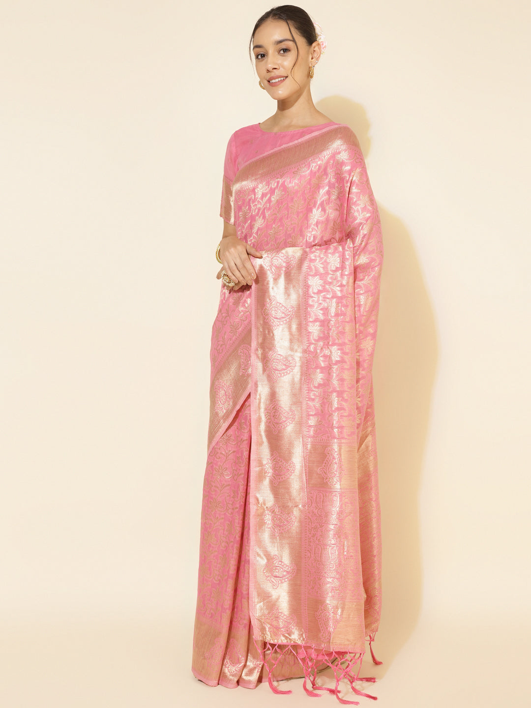 Janasya Light Pink Chanderi Silk Floral Woven Design Saree | Grocsy