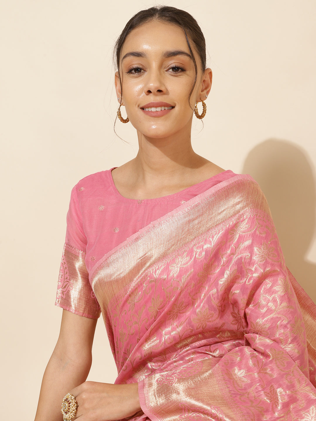 Janasya Light Pink Chanderi Silk Floral Woven Design Saree | Grocsy