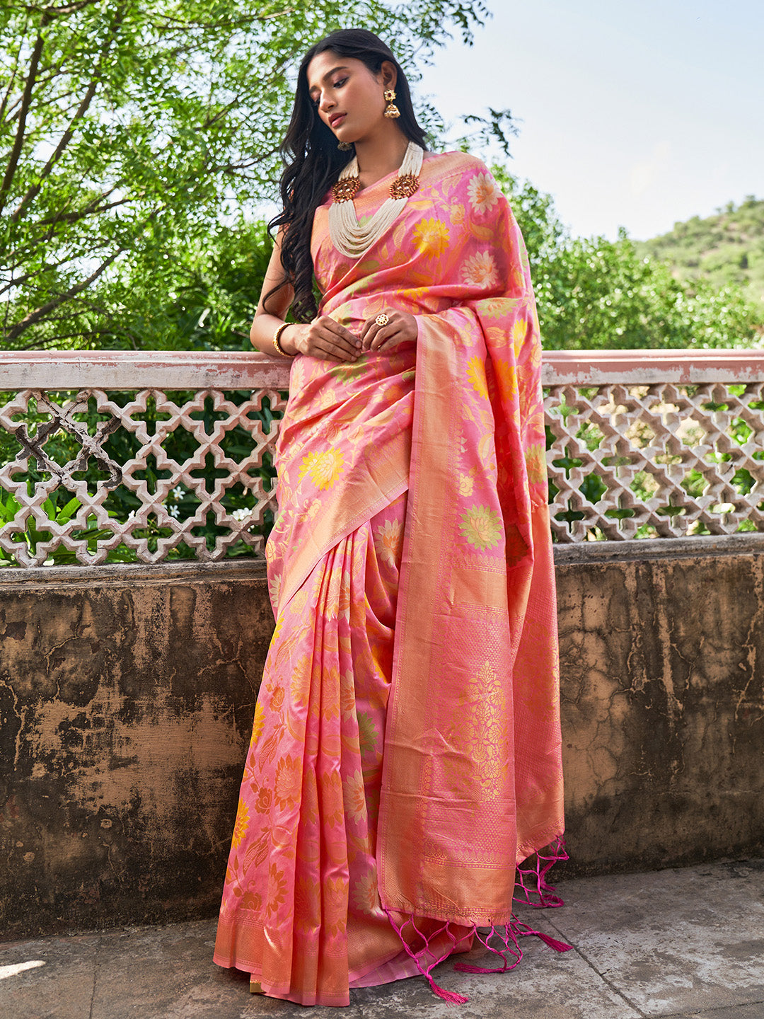 Janasya Light Pink Banarasi Silk Woven Floral Design Banarasi Saree | Grocsy