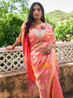Janasya Light Pink Banarasi Silk Woven Floral Design Banarasi Saree | Grocsy
