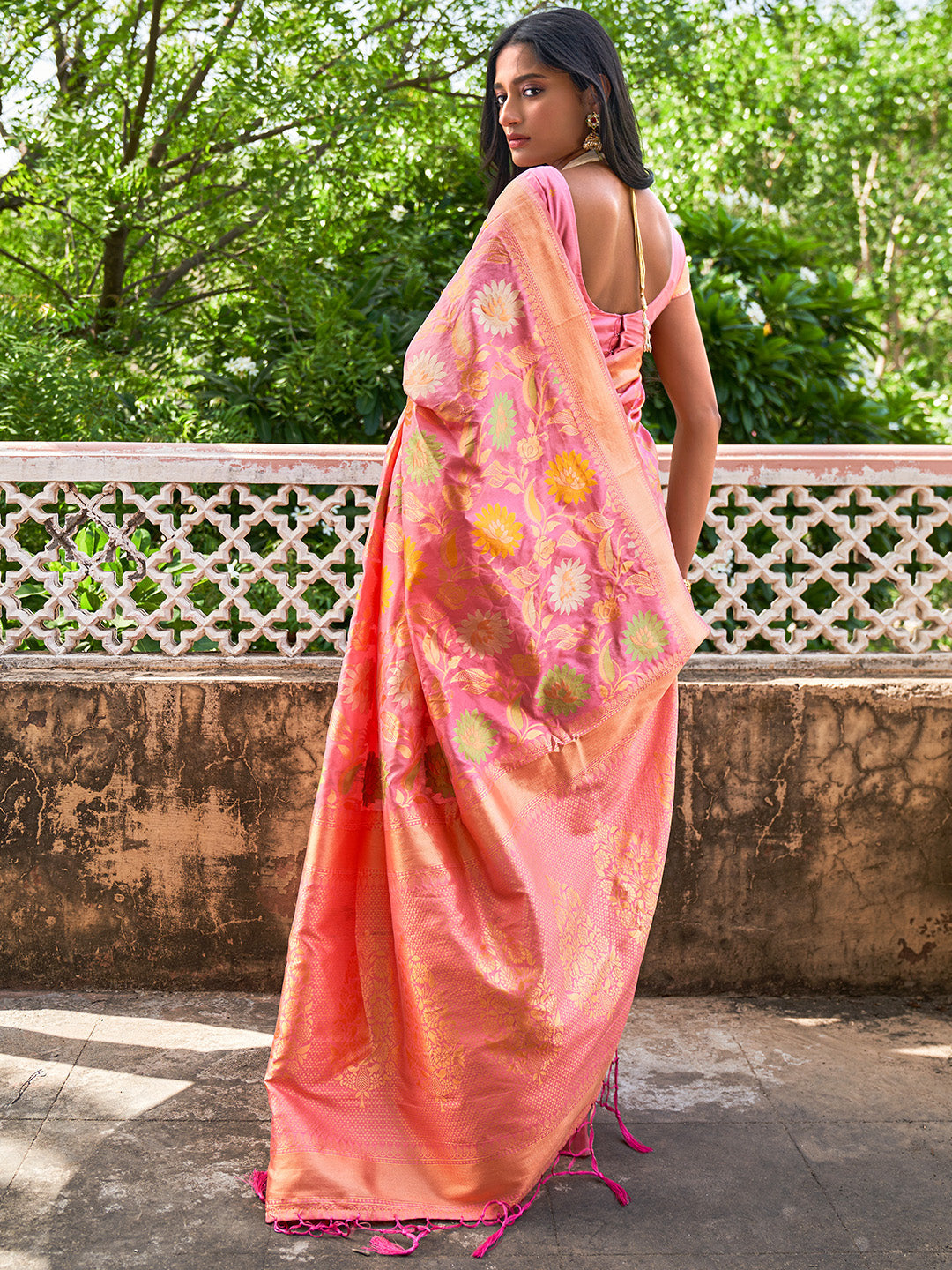 Janasya Light Pink Banarasi Silk Woven Floral Design Banarasi Saree | Grocsy