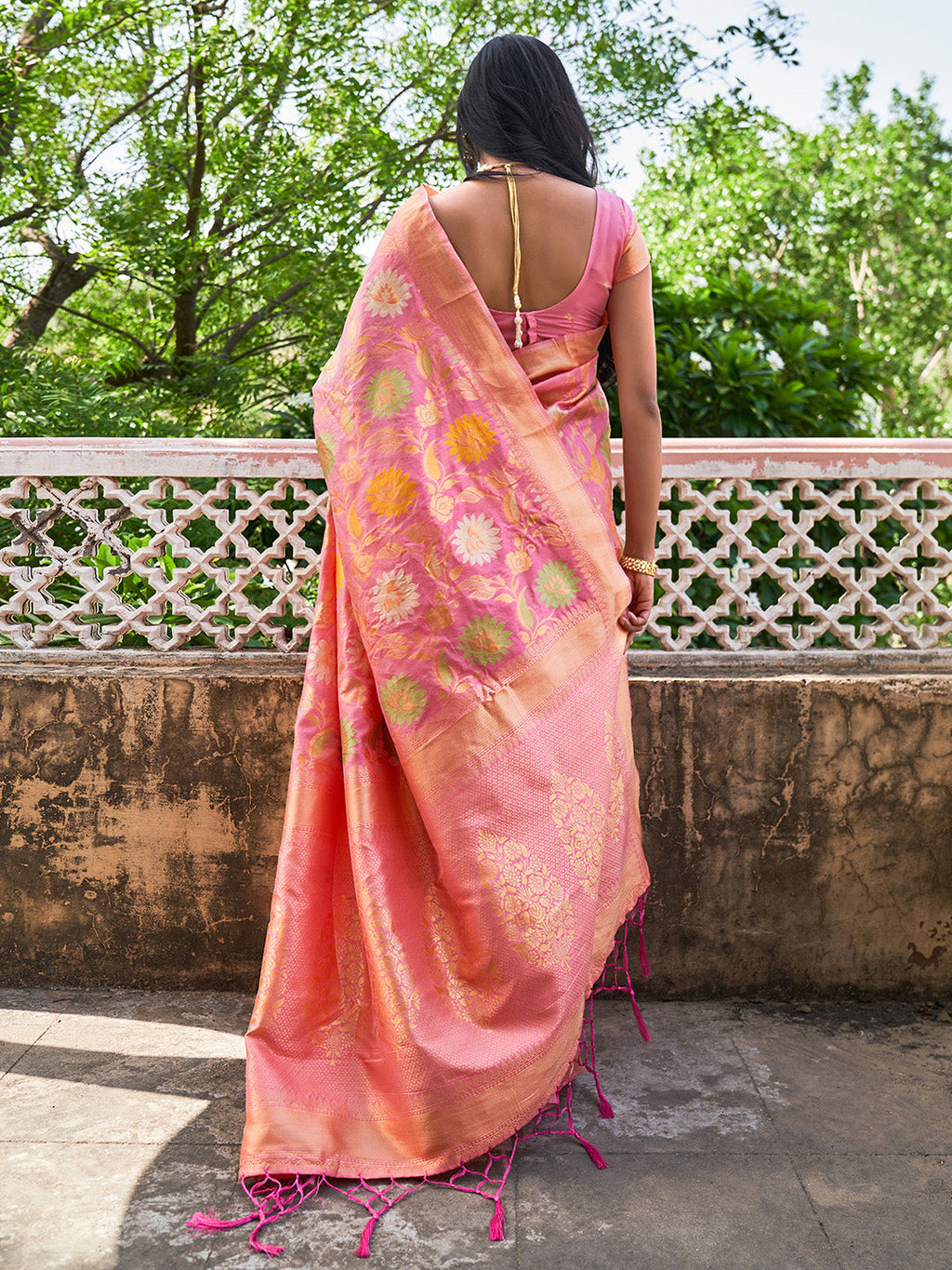Janasya Light Pink Banarasi Silk Woven Floral Design Banarasi Saree | Grocsy