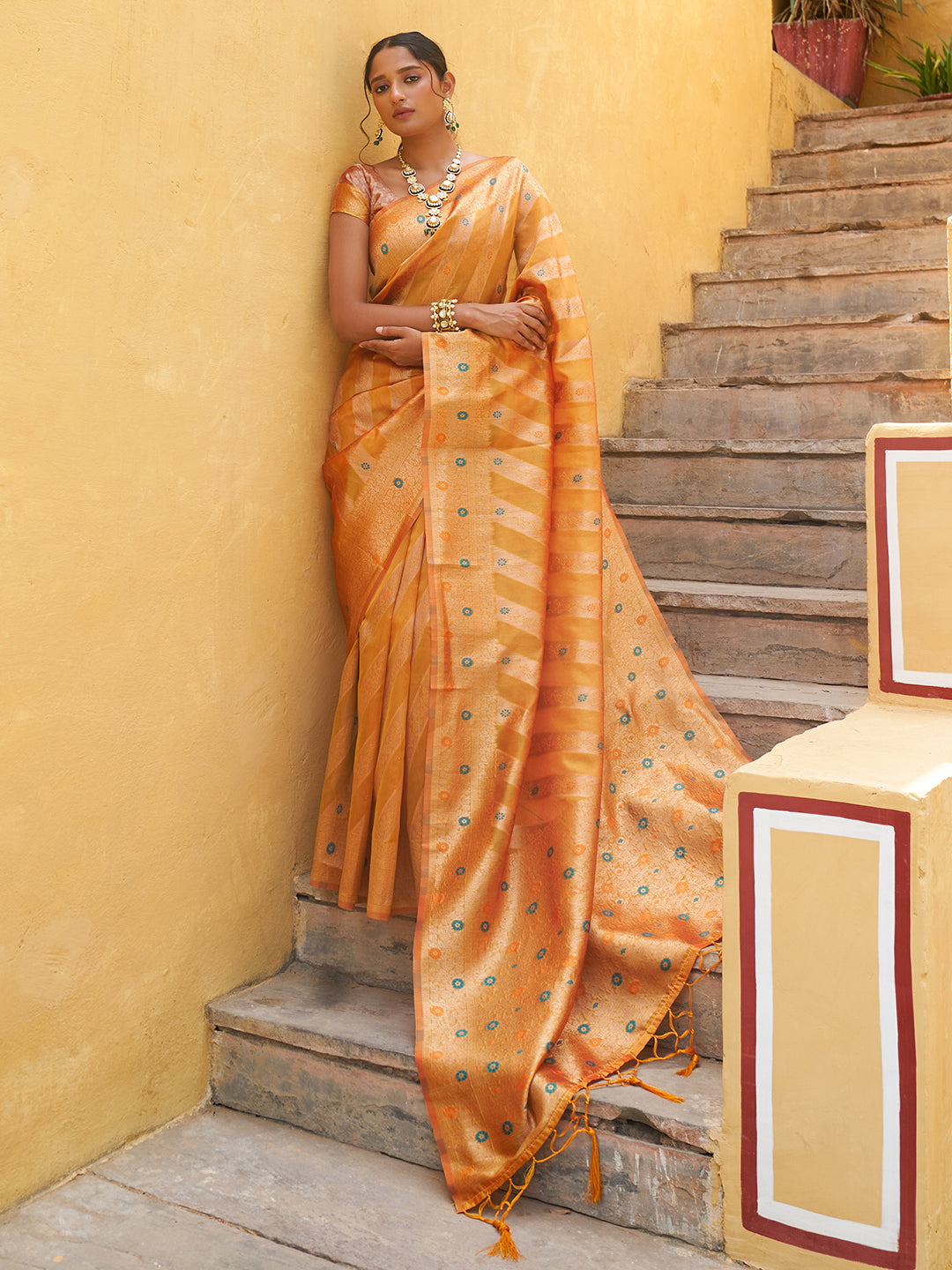 Janasya Yellow Organza Woven Leheriya Kanjeevaram Saree | Grocsy