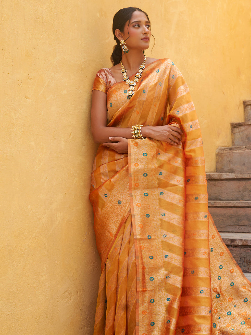Janasya Yellow Organza Woven Leheriya Kanjeevaram Saree | Grocsy