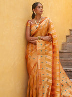 Janasya Yellow Organza Woven Leheriya Kanjeevaram Saree | Grocsy
