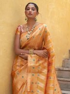 Janasya Yellow Organza Woven Leheriya Kanjeevaram Saree | Grocsy
