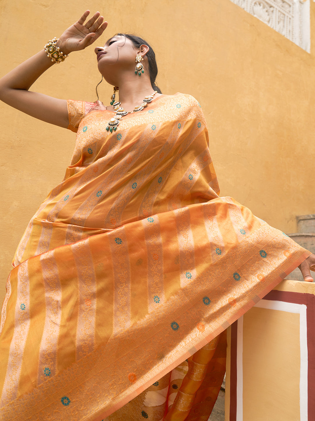 Janasya Yellow Organza Woven Leheriya Kanjeevaram Saree | Grocsy