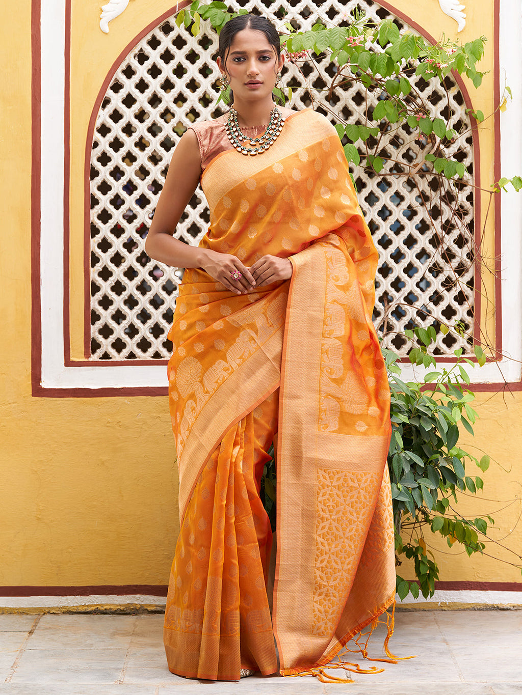 Janasya Yellow Organza Woven Dual Tone Ethnic Motif Design Kanjeevaram Saree | Grocsy