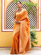 Janasya Yellow Organza Woven Dual Tone Ethnic Motif Design Kanjeevaram Saree | Grocsy