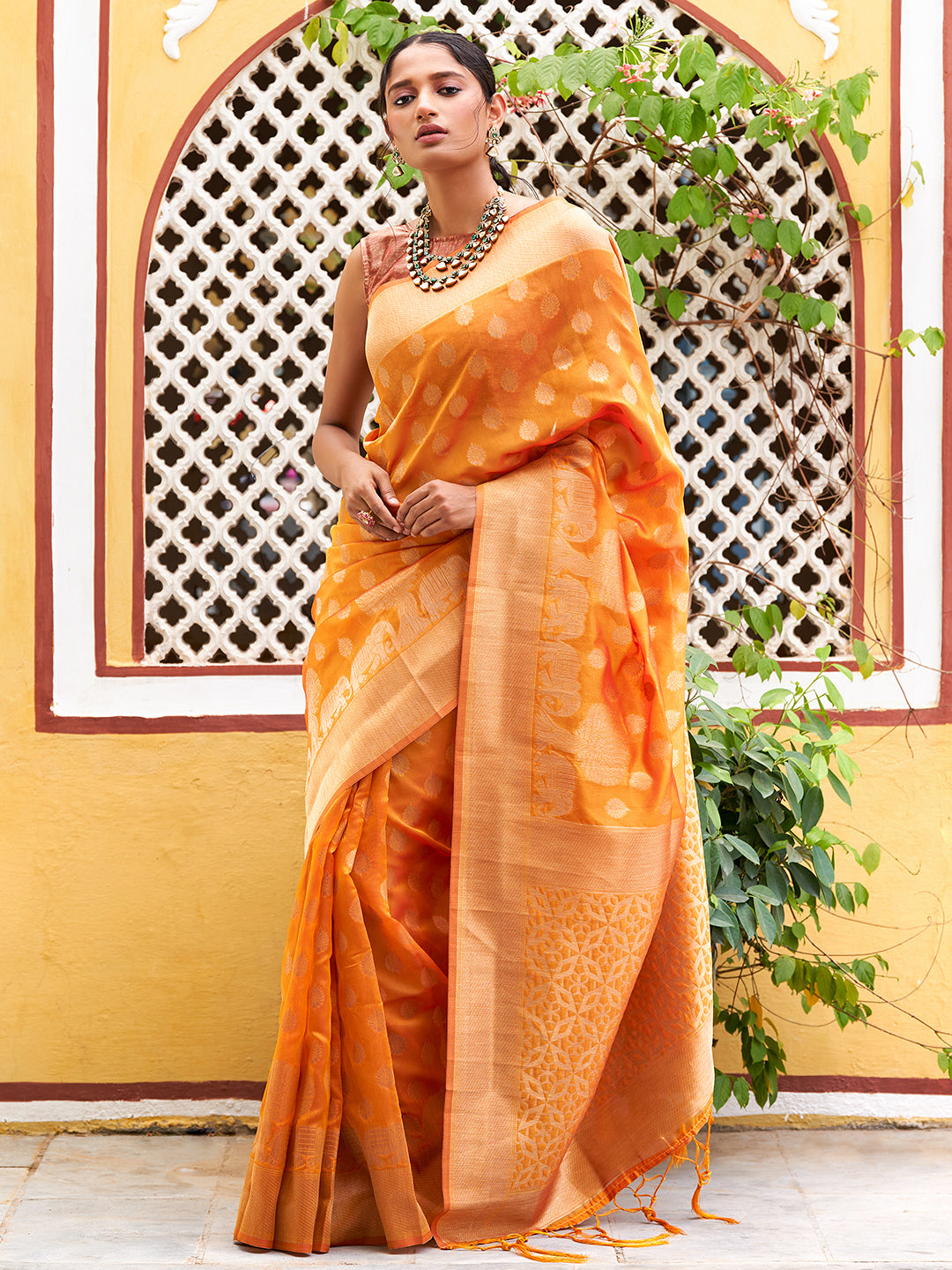 Janasya Yellow Organza Woven Dual Tone Ethnic Motif Design Kanjeevaram Saree | Grocsy