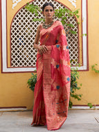 Janasya Pink Organza Woven Leheriya Kanjeevaram Saree | Grocsy