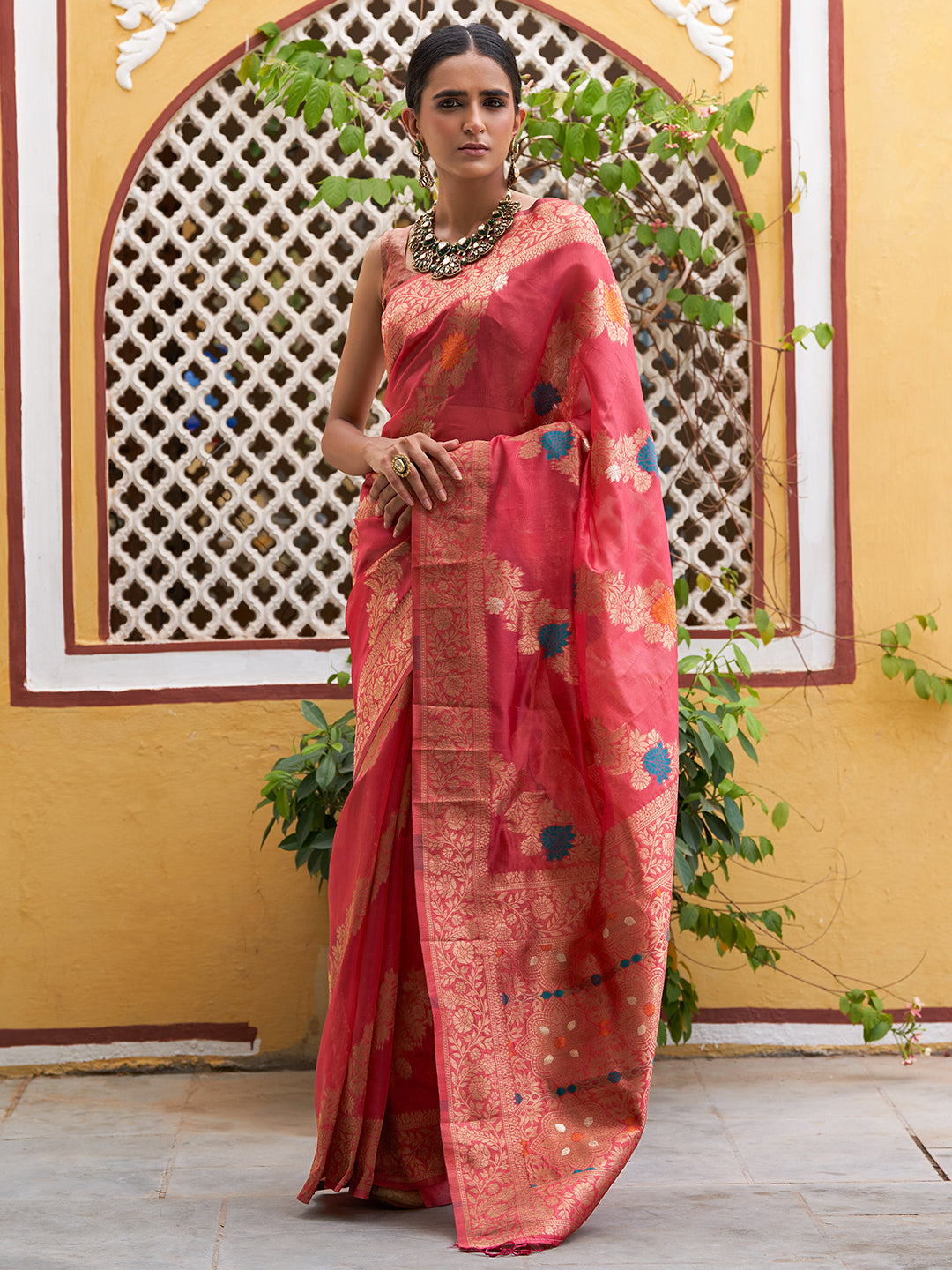 Janasya Pink Organza Woven Leheriya Kanjeevaram Saree | Grocsy
