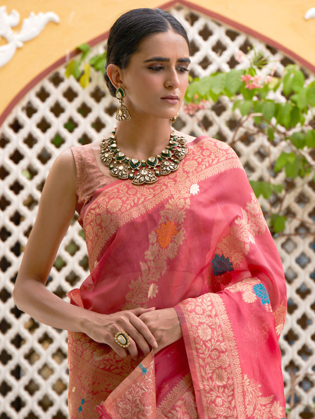 Janasya Pink Organza Woven Leheriya Kanjeevaram Saree | Grocsy