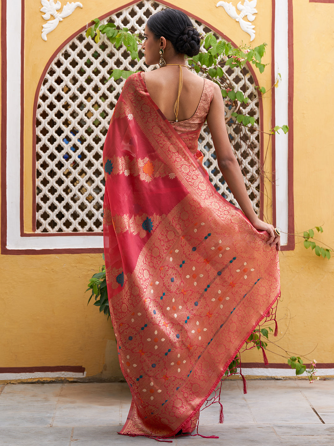 Janasya Pink Organza Woven Leheriya Kanjeevaram Saree | Grocsy