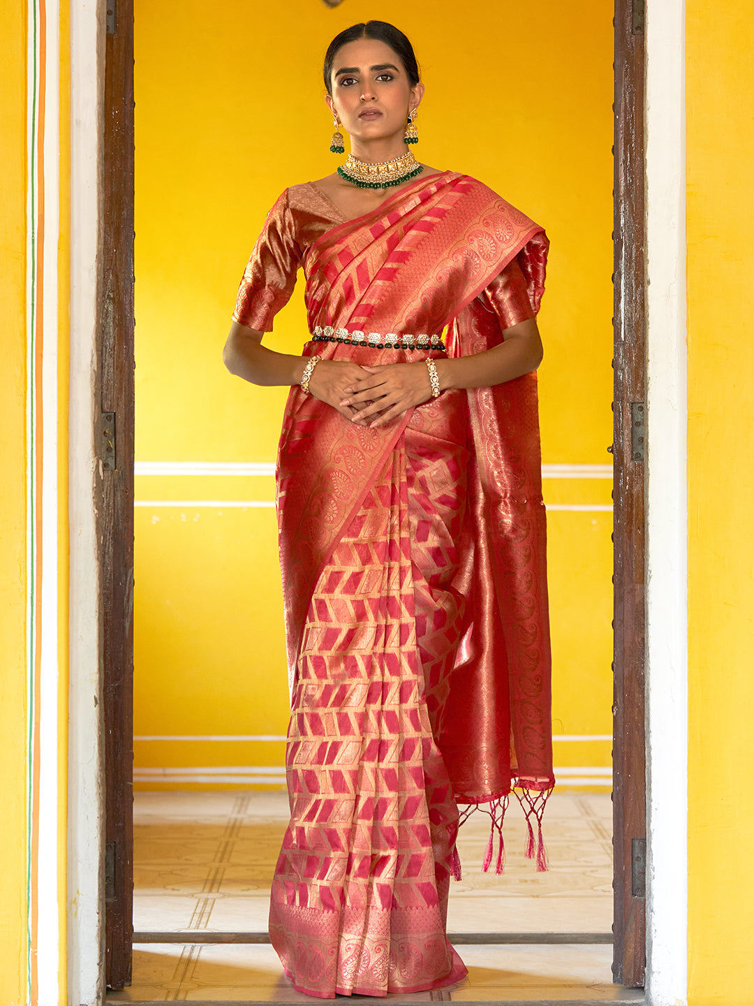 Janasya Pink Organza Woven Geometric Design Kanjeevaram Saree | Grocsy