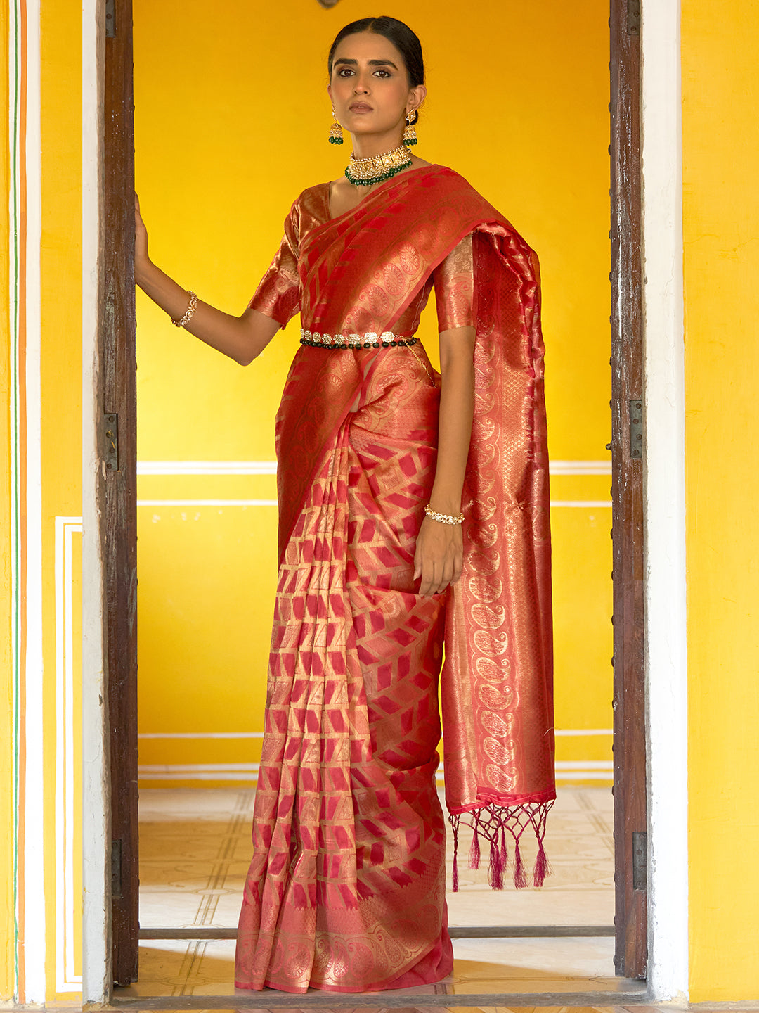 Janasya Pink Organza Woven Geometric Design Kanjeevaram Saree | Grocsy