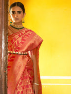 Janasya Pink Organza Woven Geometric Design Kanjeevaram Saree | Grocsy