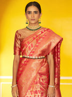 Janasya Pink Organza Woven Geometric Design Kanjeevaram Saree | Grocsy