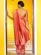 Janasya Pink Organza Woven Geometric Design Kanjeevaram Saree | Grocsy
