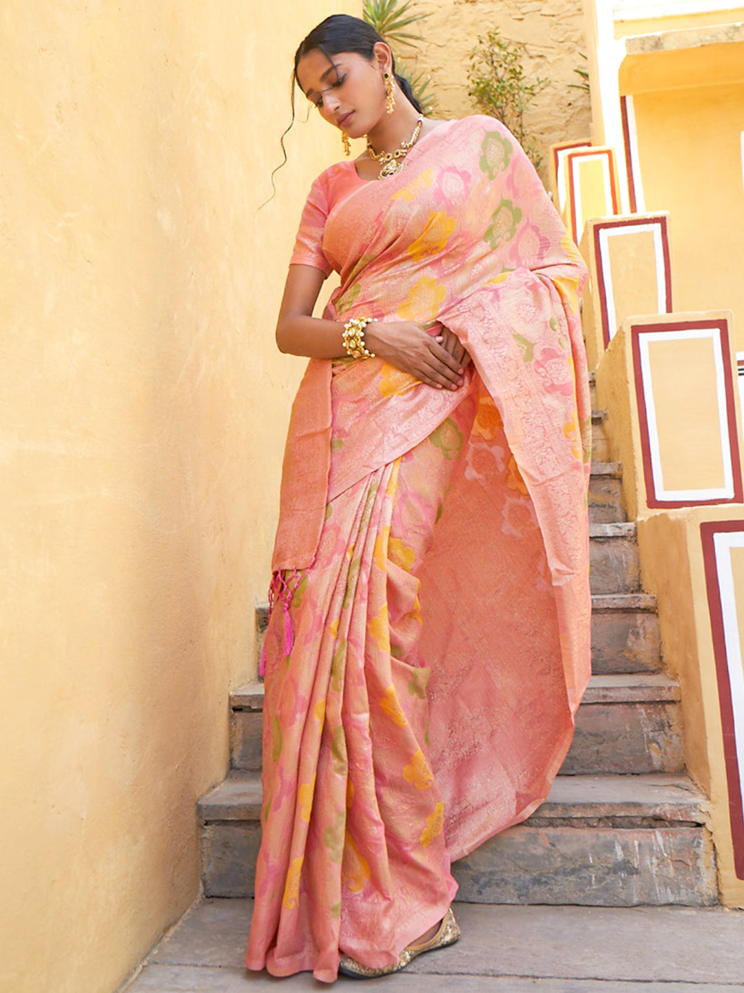 Janasya Light Pink Chanderi Silk Ethnic Motifs Woven Design Saree | Grocsy