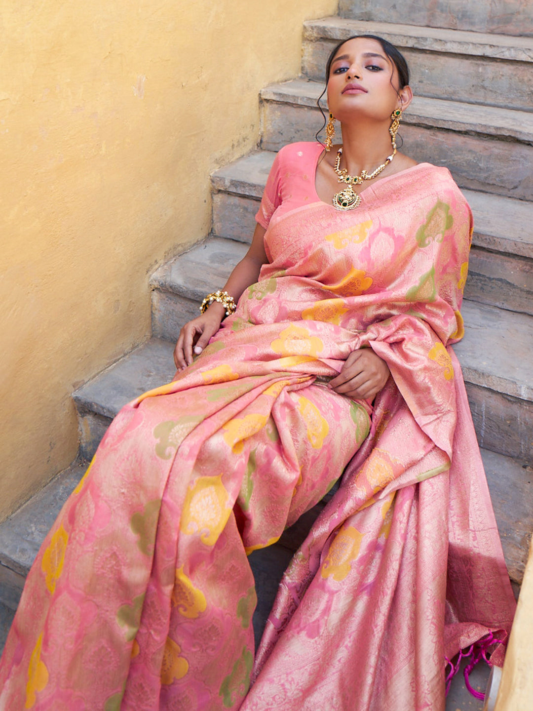 Janasya Light Pink Chanderi Silk Ethnic Motifs Woven Design Saree | Grocsy