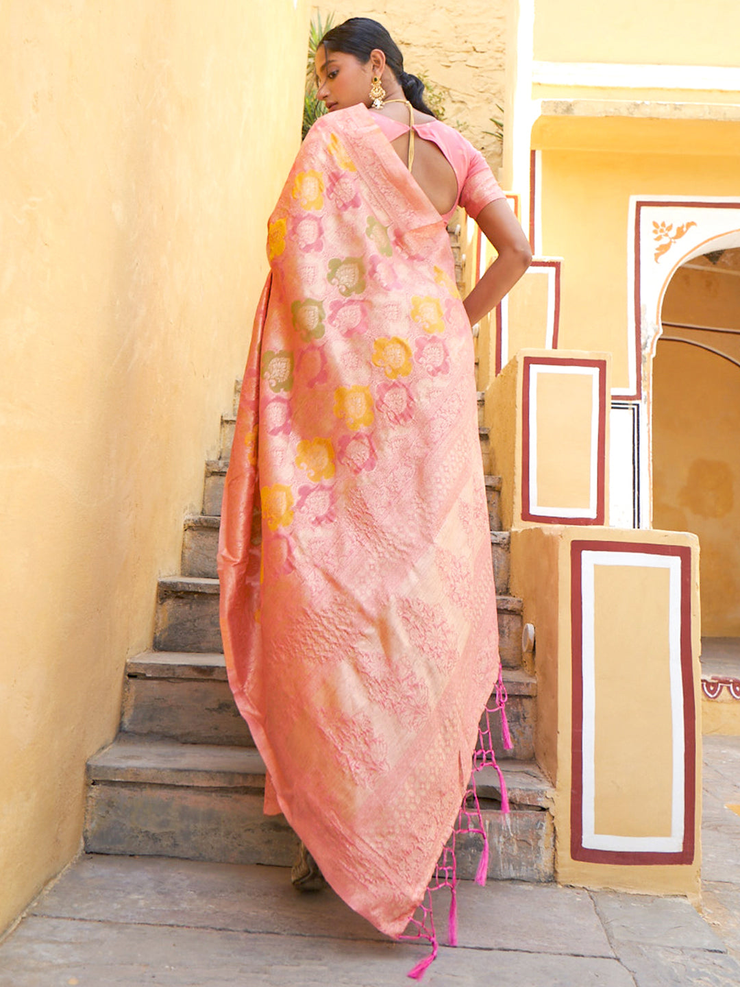 Janasya Light Pink Chanderi Silk Ethnic Motifs Woven Design Saree | Grocsy