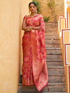 Janasya Pink Organza Woven Ethnic Motifs Kanjeevaram Saree | Grocsy
