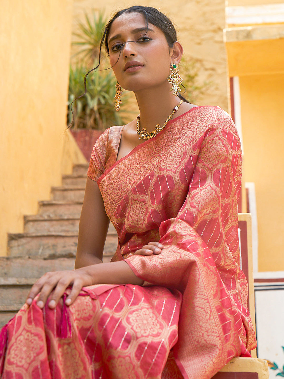 Janasya Pink Organza Woven Ethnic Motifs Kanjeevaram Saree | Grocsy