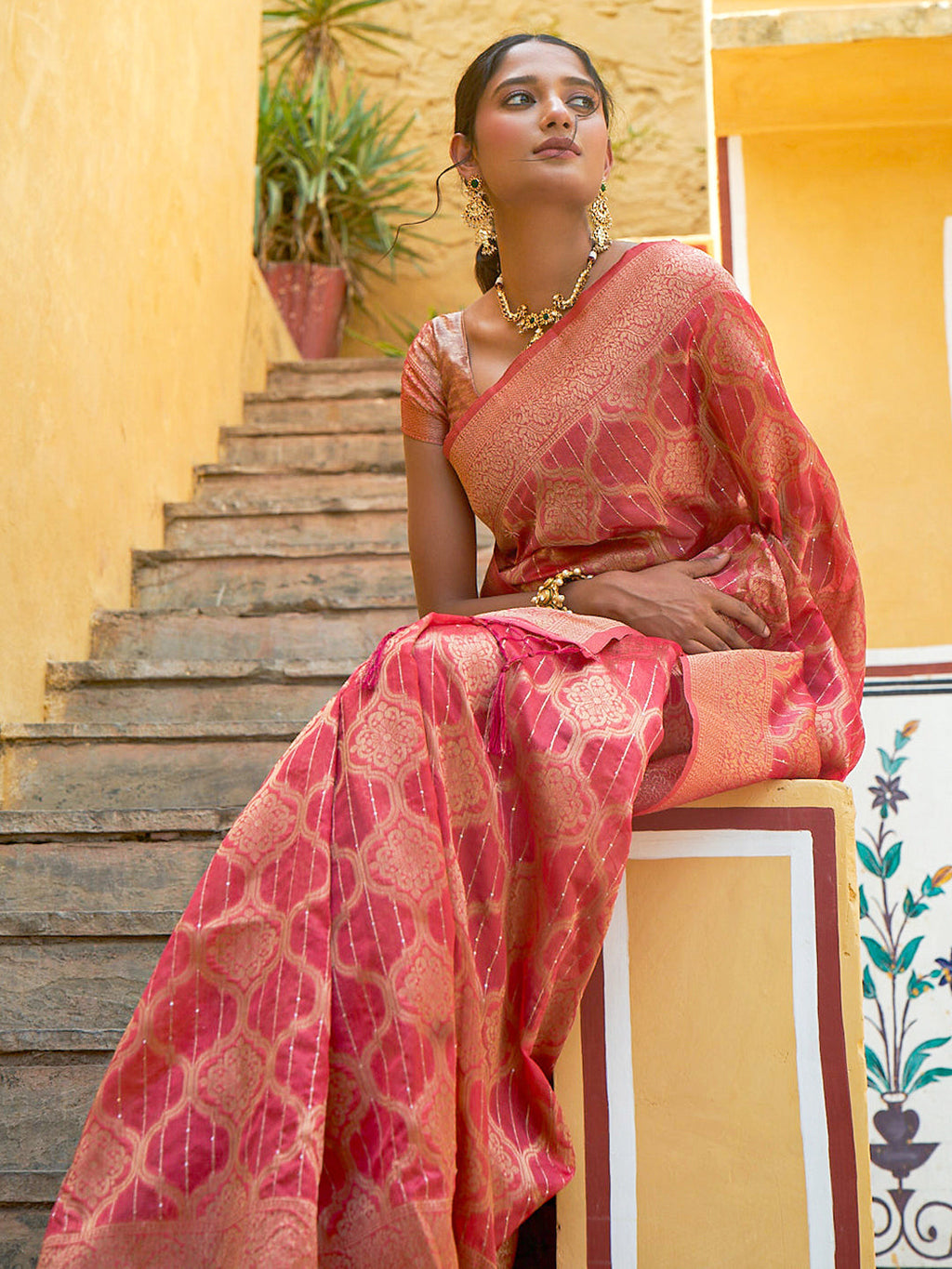 Janasya Pink Organza Woven Ethnic Motifs Kanjeevaram Saree | Grocsy
