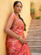 Janasya Pink Organza Woven Ethnic Motifs Kanjeevaram Saree | Grocsy