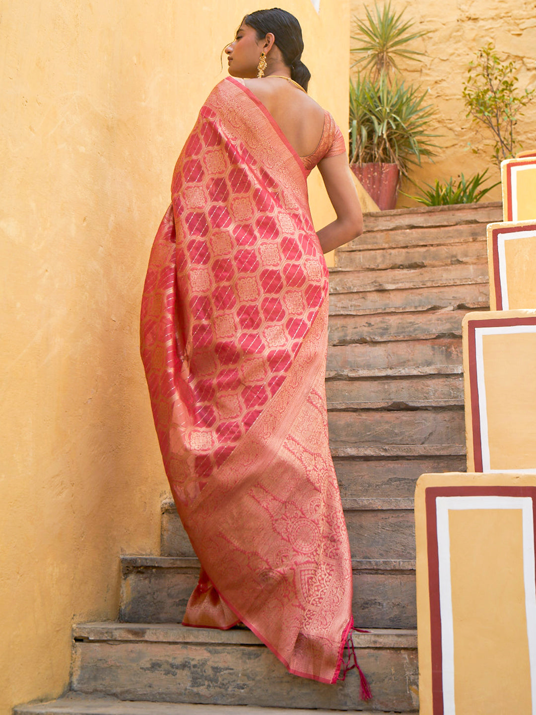 Janasya Pink Organza Woven Ethnic Motifs Kanjeevaram Saree | Grocsy