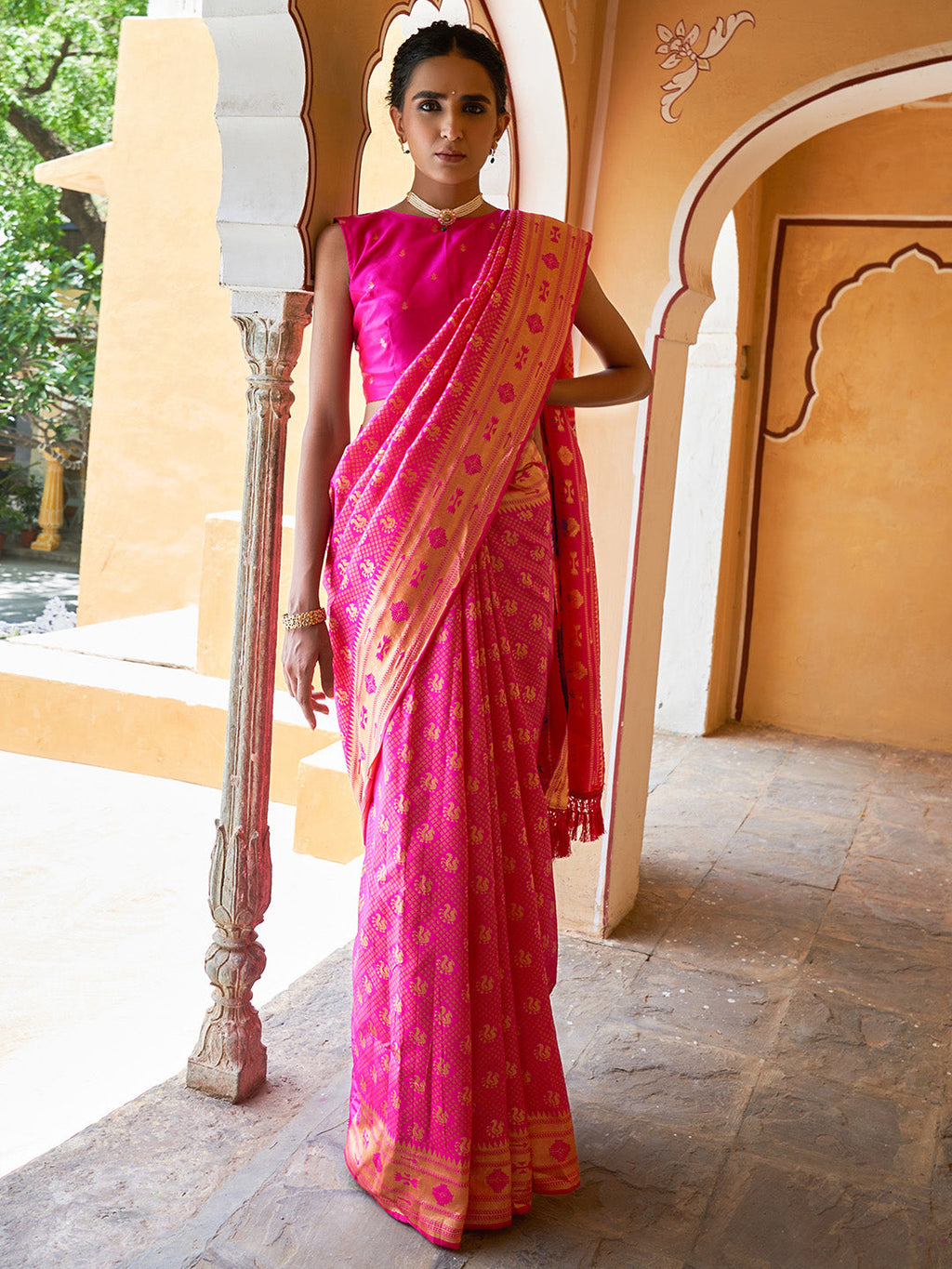 Janasya Fushia Pink Paithani Silk Woven Ethnic Motifs Paithani Silk Saree | Grocsy