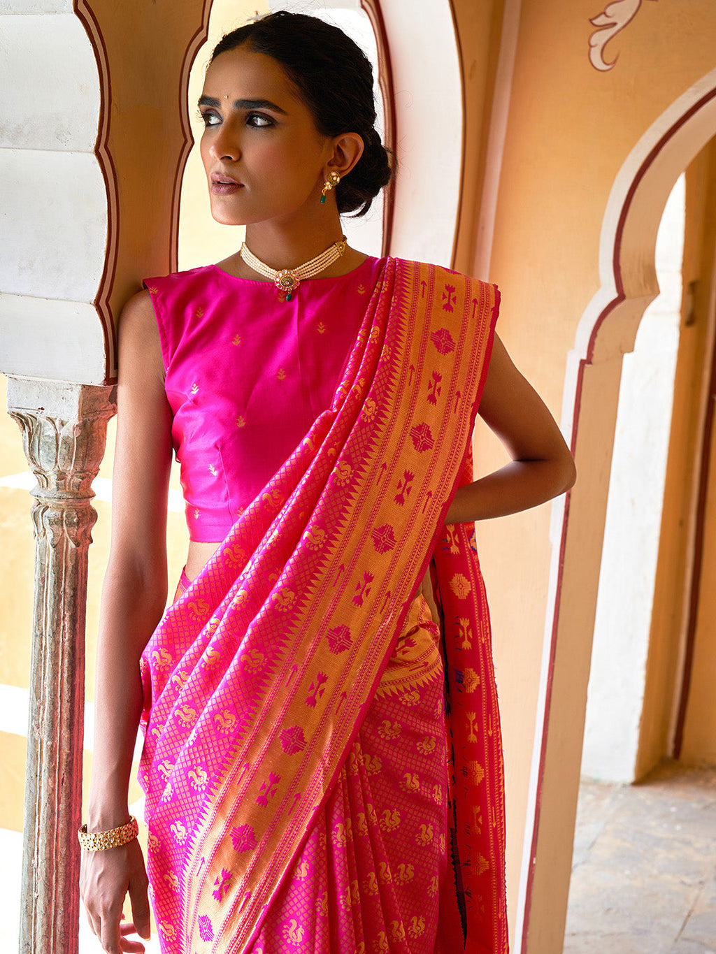 Janasya Fushia Pink Paithani Silk Woven Ethnic Motifs Paithani Silk Saree | Grocsy