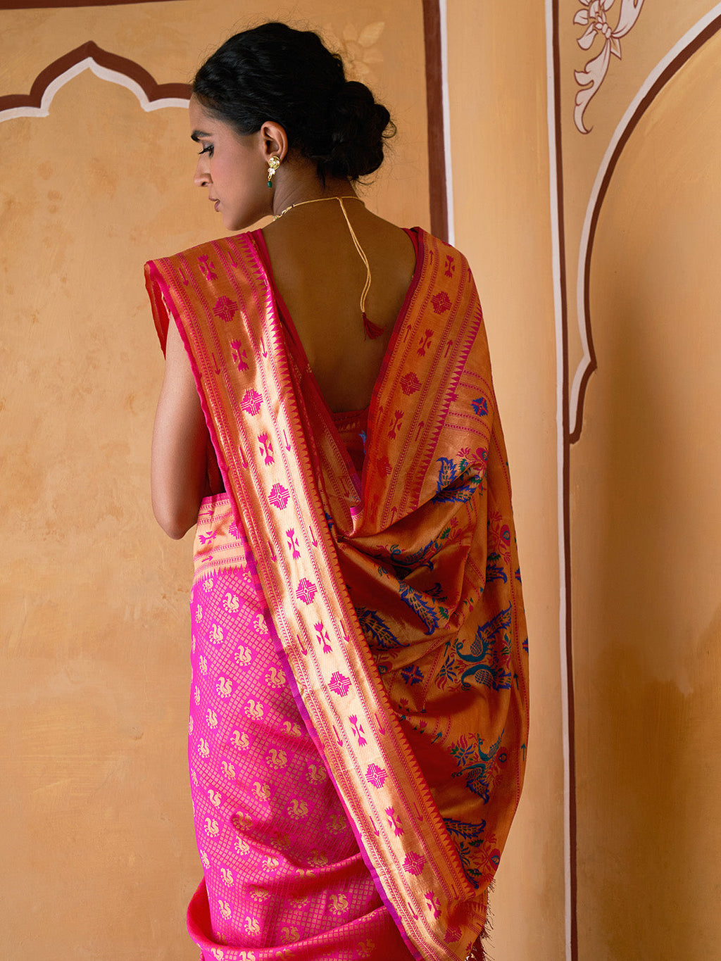 Janasya Fushia Pink Paithani Silk Woven Ethnic Motifs Paithani Silk Saree | Grocsy