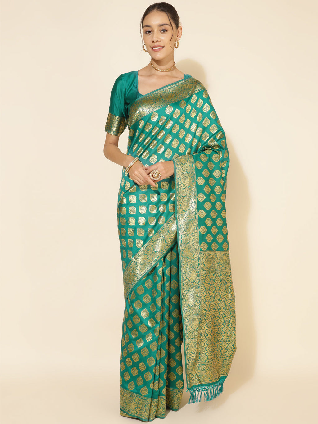 Janasya Rama Green Banarasi Silk Ethnic Motifs Woven Design Saree | Grocsy