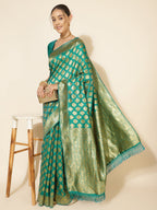 Janasya Rama Green Banarasi Silk Ethnic Motifs Woven Design Saree | Grocsy