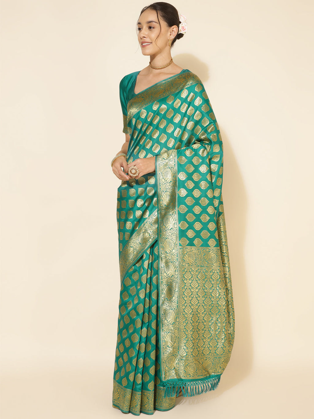 Janasya Rama Green Banarasi Silk Ethnic Motifs Woven Design Saree | Grocsy