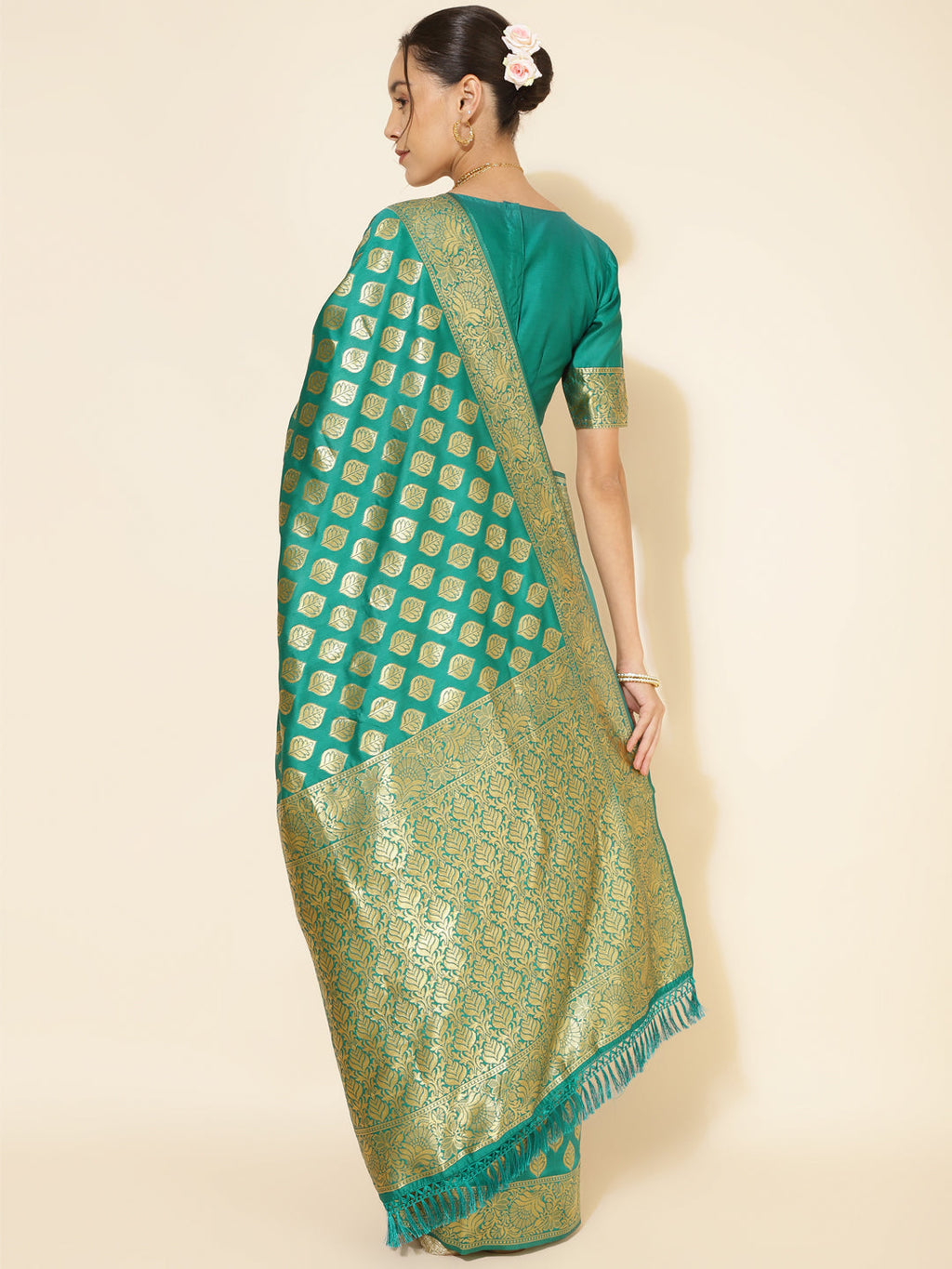Janasya Rama Green Banarasi Silk Ethnic Motifs Woven Design Saree | Grocsy