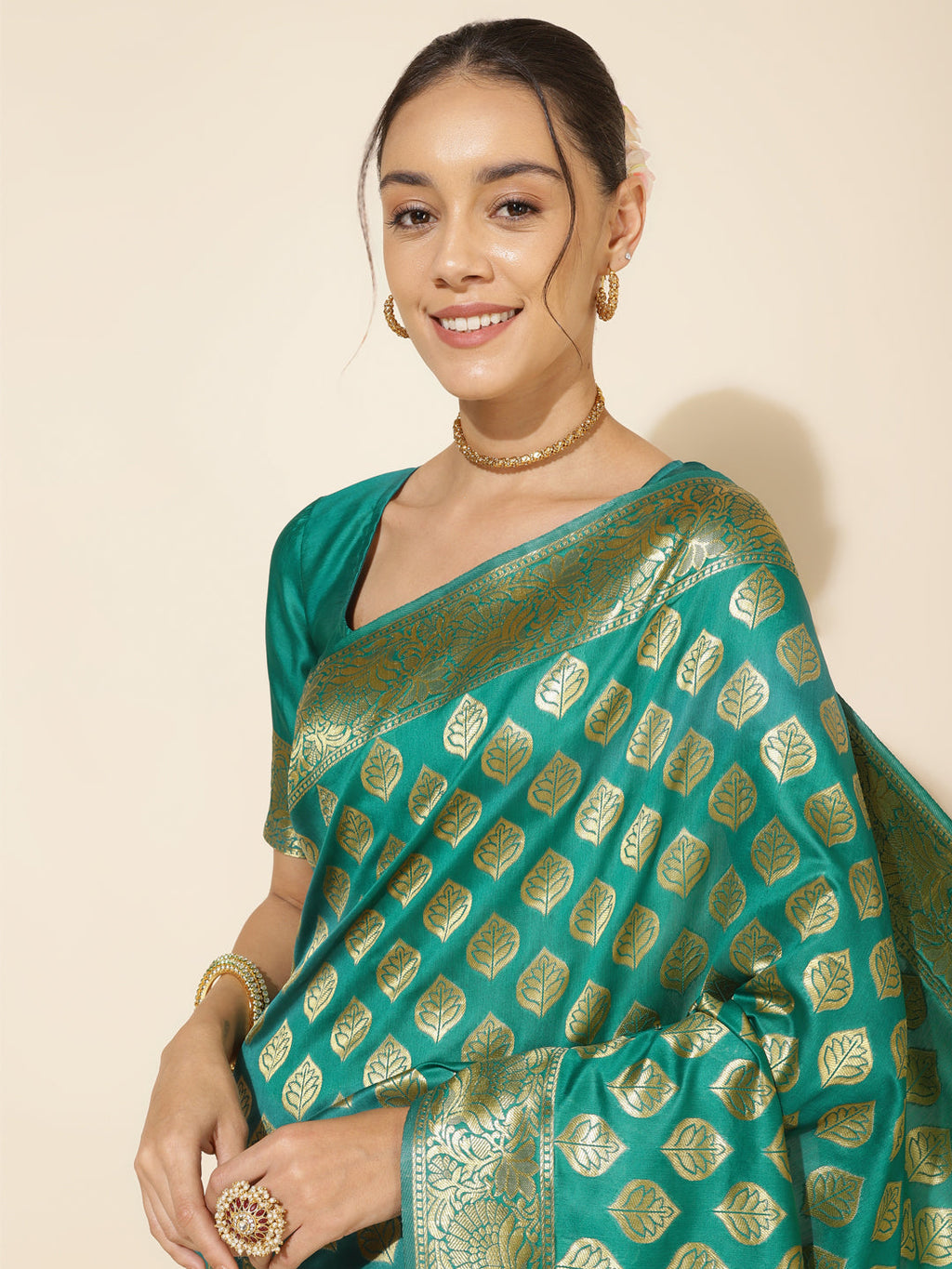 Janasya Rama Green Banarasi Silk Ethnic Motifs Woven Design Saree | Grocsy