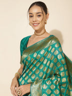 Janasya Rama Green Banarasi Silk Ethnic Motifs Woven Design Saree | Grocsy